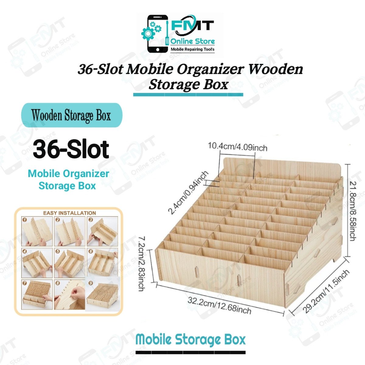 36 Slot Mobile Organizer Wooden Storage Box