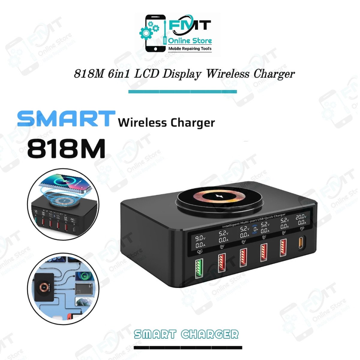 818M 6in1 LCD Display Wireless Charger