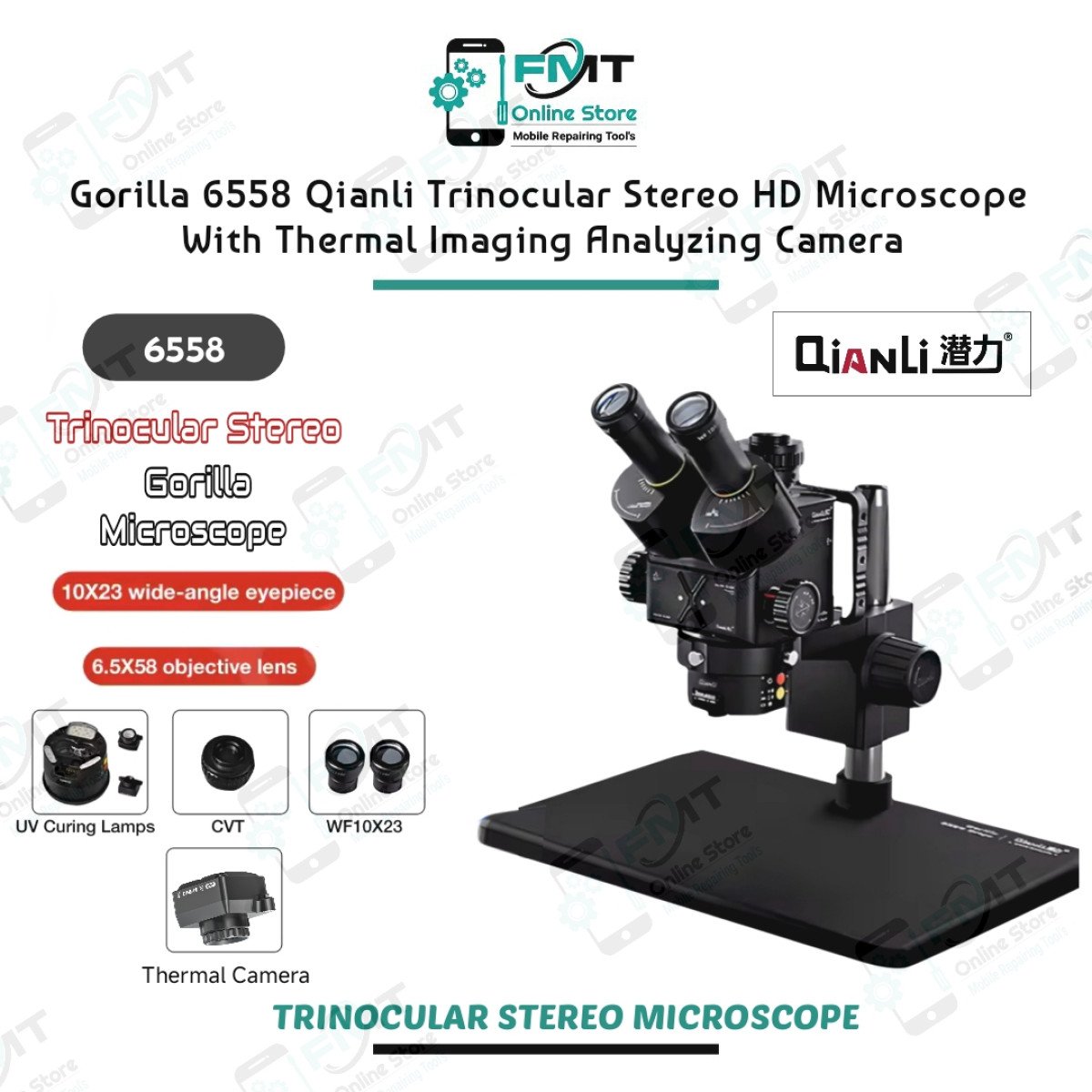 Gorilla 6558 Qianli Trinocular Stereo HD Microscope With Thermal Imaging Analyzing Camera + UV Curing Lamp Light